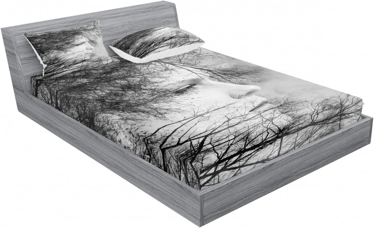Ambesonne Black and White 2 Pack Fitted Sheet & Pillow Sham Set, Woman and Trees, 4 Pcs Bedding Decor, Package Contains 2 Full Size Fitted Sheets & 4 Pillow Covers, Black and White