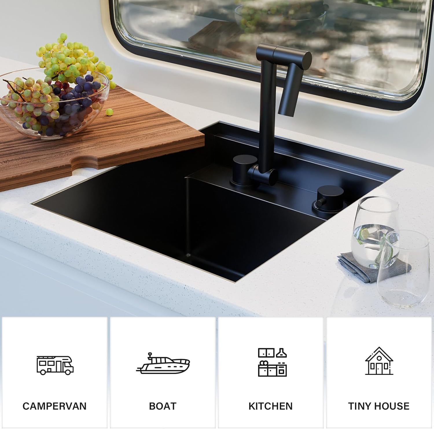 TORVA RV Kitchen Sink, 15 x 18 x 9 Inch Undermount Bar Sink 16 Gauge Stainless Steel Single Bowl Workstation Sink with Faucet Cutting Board, Dark Grey