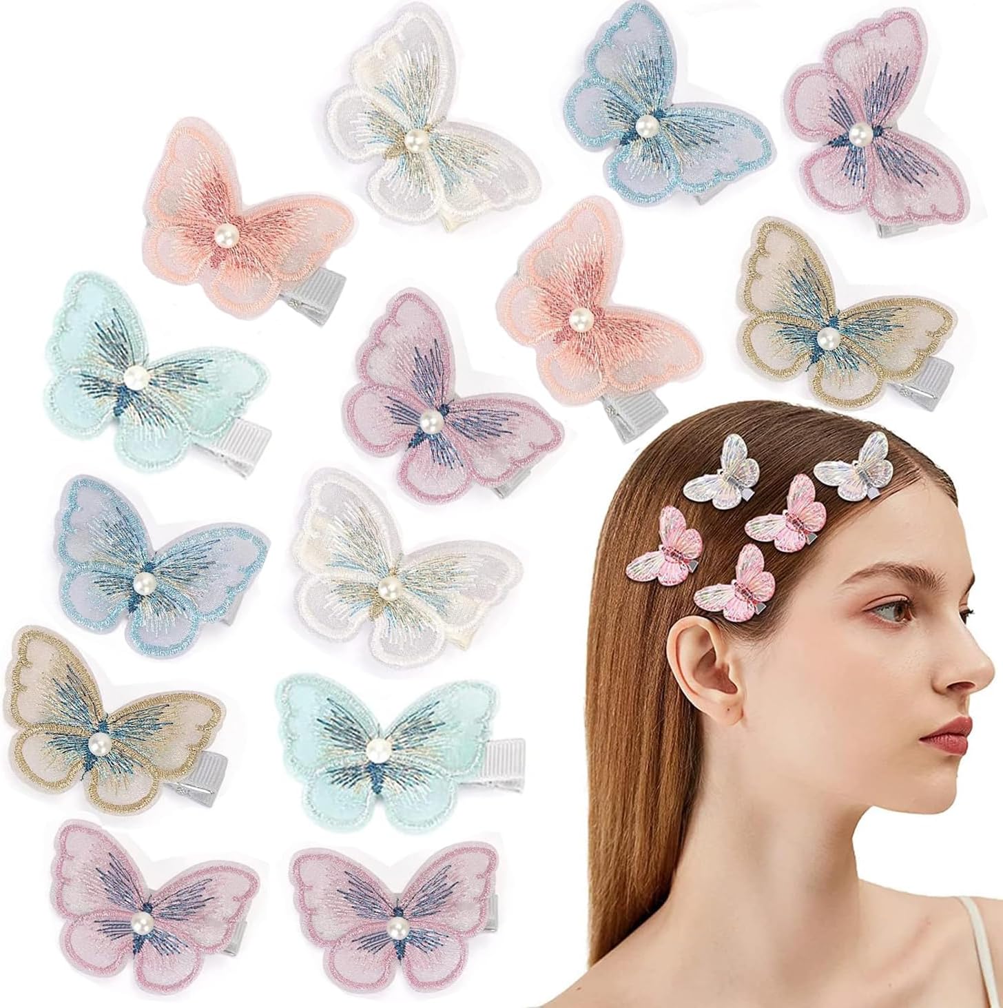 Tuklye Amzuia 16 Pieces Butterfly Hair Clips，Cute Pearl Butterfly Hairpin for Women Hair Bow Duckbill Clip Girls Kids Children Barrette Headdress Gauze Hair Accessories, 8 Assorted Colors