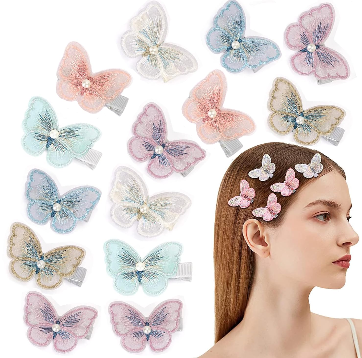 Sponsored Ad – Tuklye Amzuia 16 Pieces Butterfly Hair Clips，Cute Pearl Butterfly Hairpin for Women Hair Bow Duckbill Clip Girls Kids Children Barrette Headdress Gauze Hair Accessories, 8 Assorted Colors