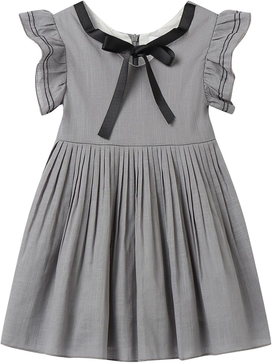 Mud Kingdom Toddler Little Girls Dress Flutter Sleeve Bow tie School Uniform Casual Summer