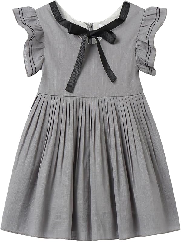 Mud Kingdom Toddler Little Girls Dress Flutter Sleeve Bow tie School Uniform Casual Summer