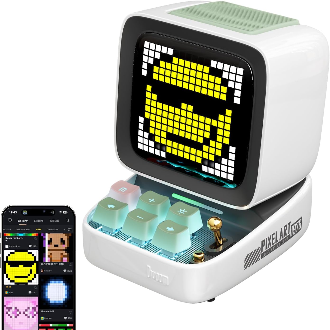 divoom Ditoo Portable Bluetooth Speaker with Retro Pixel Screen, Smartphone App Control/RGB Backlit Mechanical Keyboards (White)