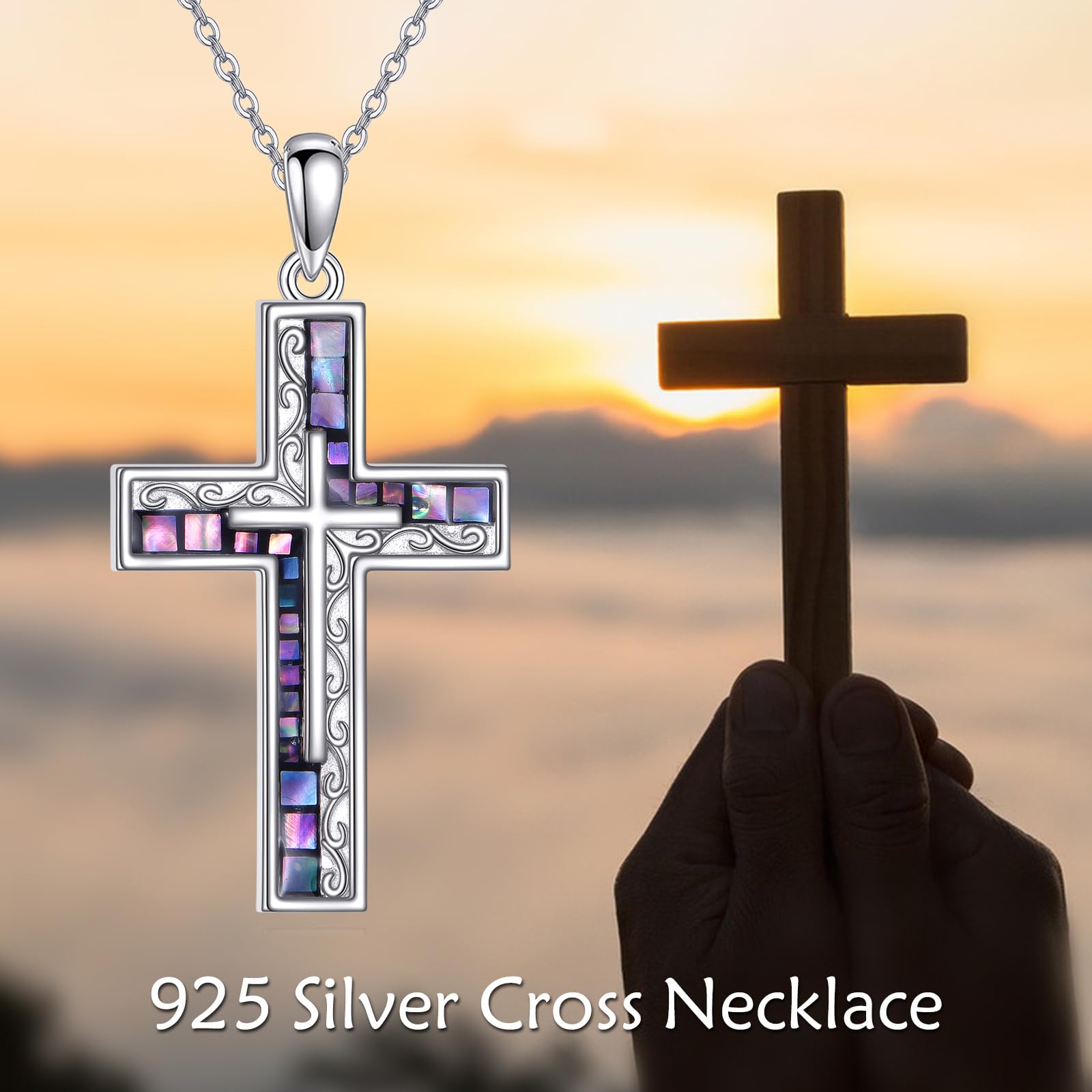 Łańcuszek z krzyżykiem, srebro wysokiej próby, filigranowy łańcuszek Abalone, wisiorek w kształcie krzyża, religia, chrześcijańska, katolicka biżuteria, prezent dla kobiet