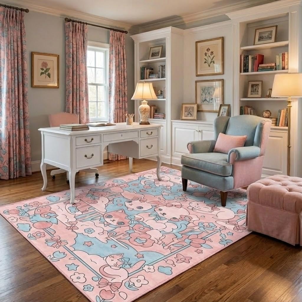 5X7 Area Rugs for Living Room, Machine Washable Non Slip Cartoon Rugs, Low Pile Lightweight Cute Cat Bow Floral Pink Rug for Kids Room,Bedroom, Dining Room