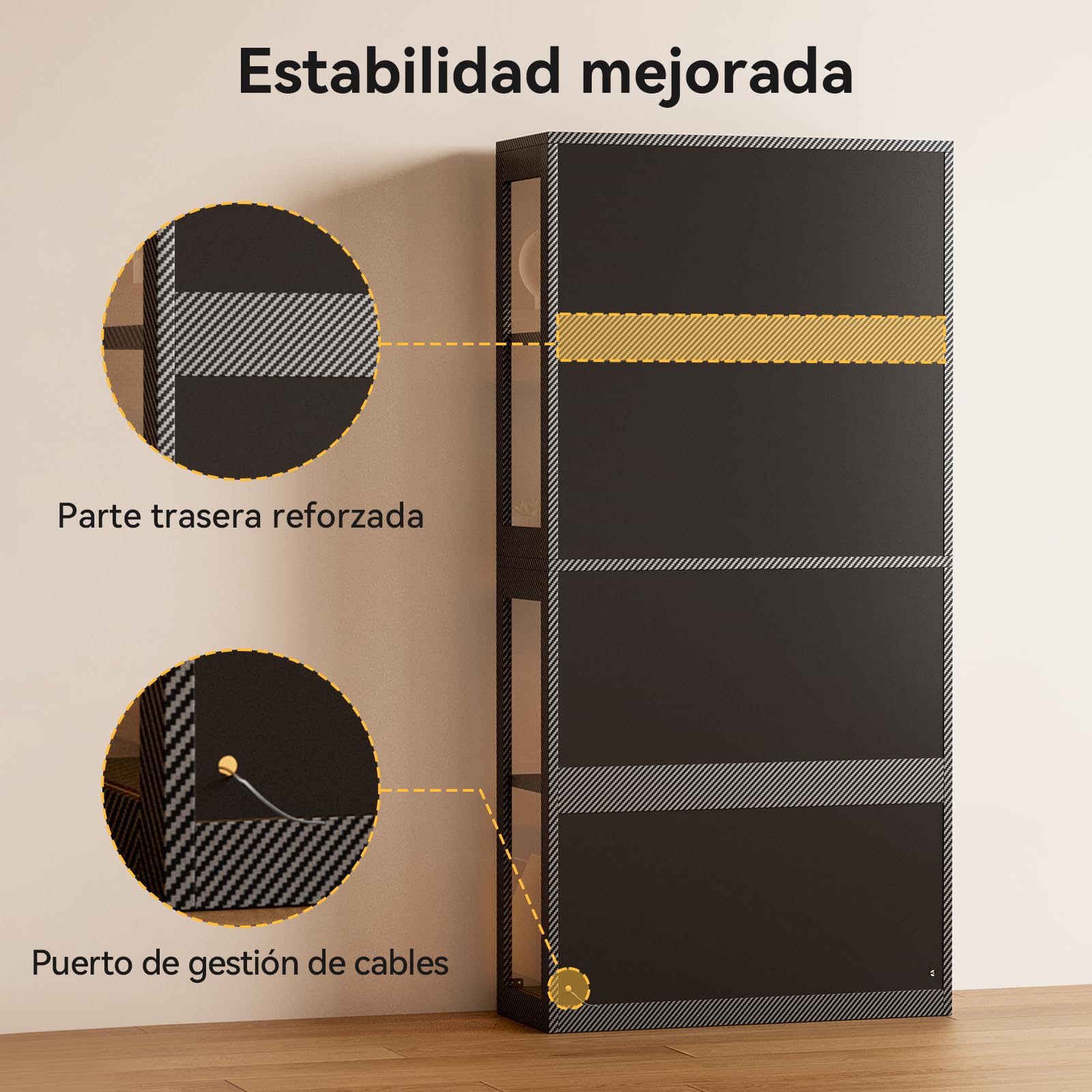 Coleshome Vitrina Cristal LED 4 Estantes, Expositor Puertas, 160cm, Negro | Montaje Fácil Acrílico 360° Anticaída Mando Fibra Carbono Cerrado Salón Oficina Gaming