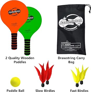 Jazzminton Select Paddle Ball Game with Carry Bag - Indoor Outdoor Toy - Play at The Beach, Lawn or Backyard - 2 Wooden Racquets - 4 Shuttlecocks - 1 Ball