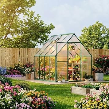 CABIHOME 6x7 ft Outdoor Greenhouse Kit, Heavy Duty Polycarbonate Greenhouse with Reinforced Aluminum Frame, Adjustable Roof Vent, Lockable Door & Quick-Connect System for All Seasons