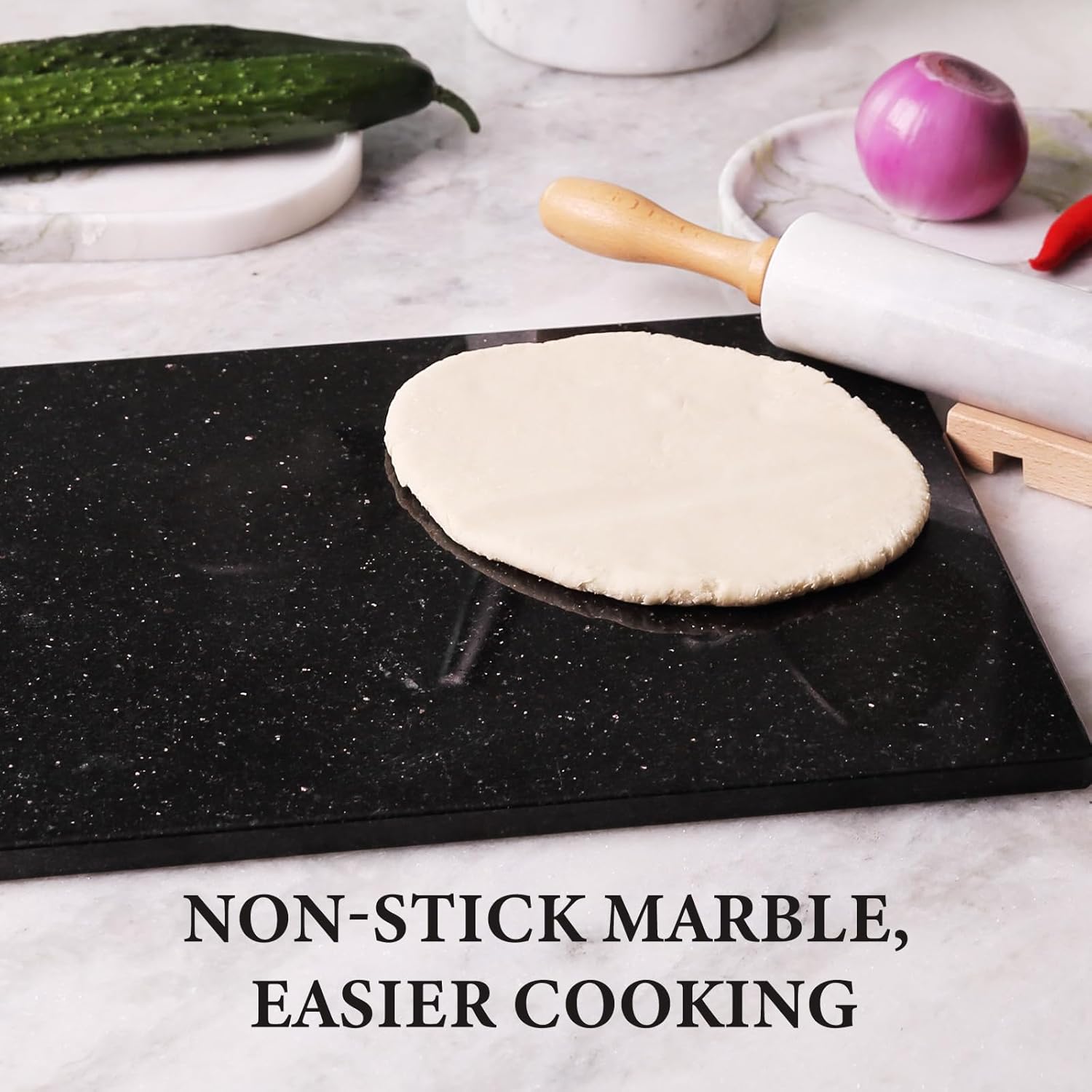 Koville Granite Cutting Board for Kitchen, 16x12 Inches Large Marble Slab Cheese Board, Rectangular Serving Board for Baking Charcuterie Pastry, Natural Stone Board for Countertop(Black Galaxy)