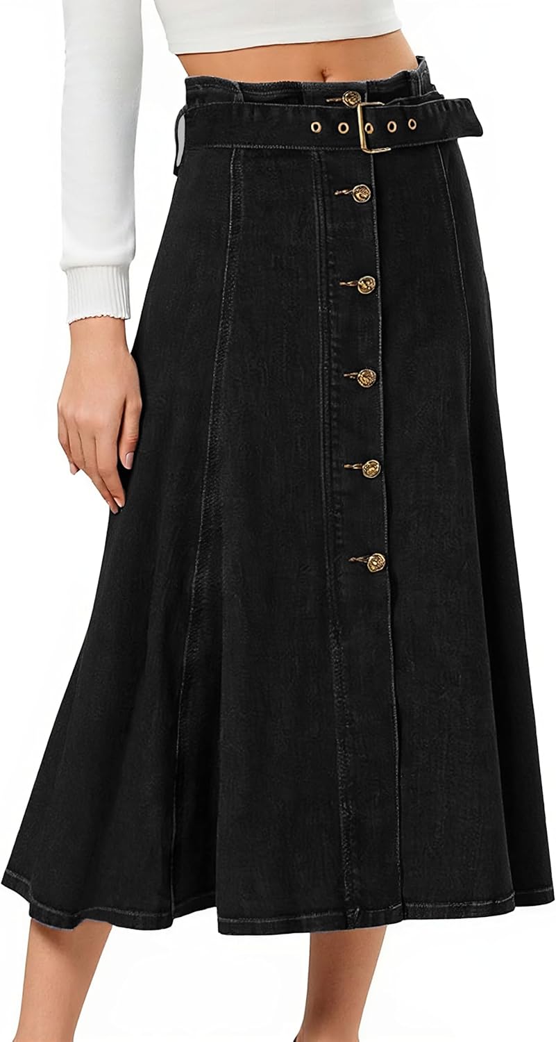 CHARTOU Vintage Long Denim Skirt for Women Back-Elastic A-Line Long Jean Skirt with Belt