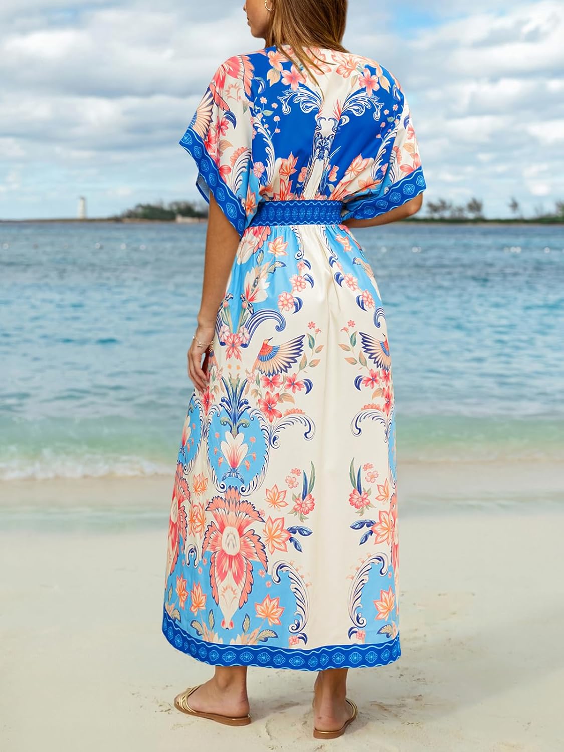 CUPSHE Women Boho Maxi Summer Dress Plunging V Half Dolman Sleeve Empired Waist Side Slit Sundress Holiday Beach Dresses