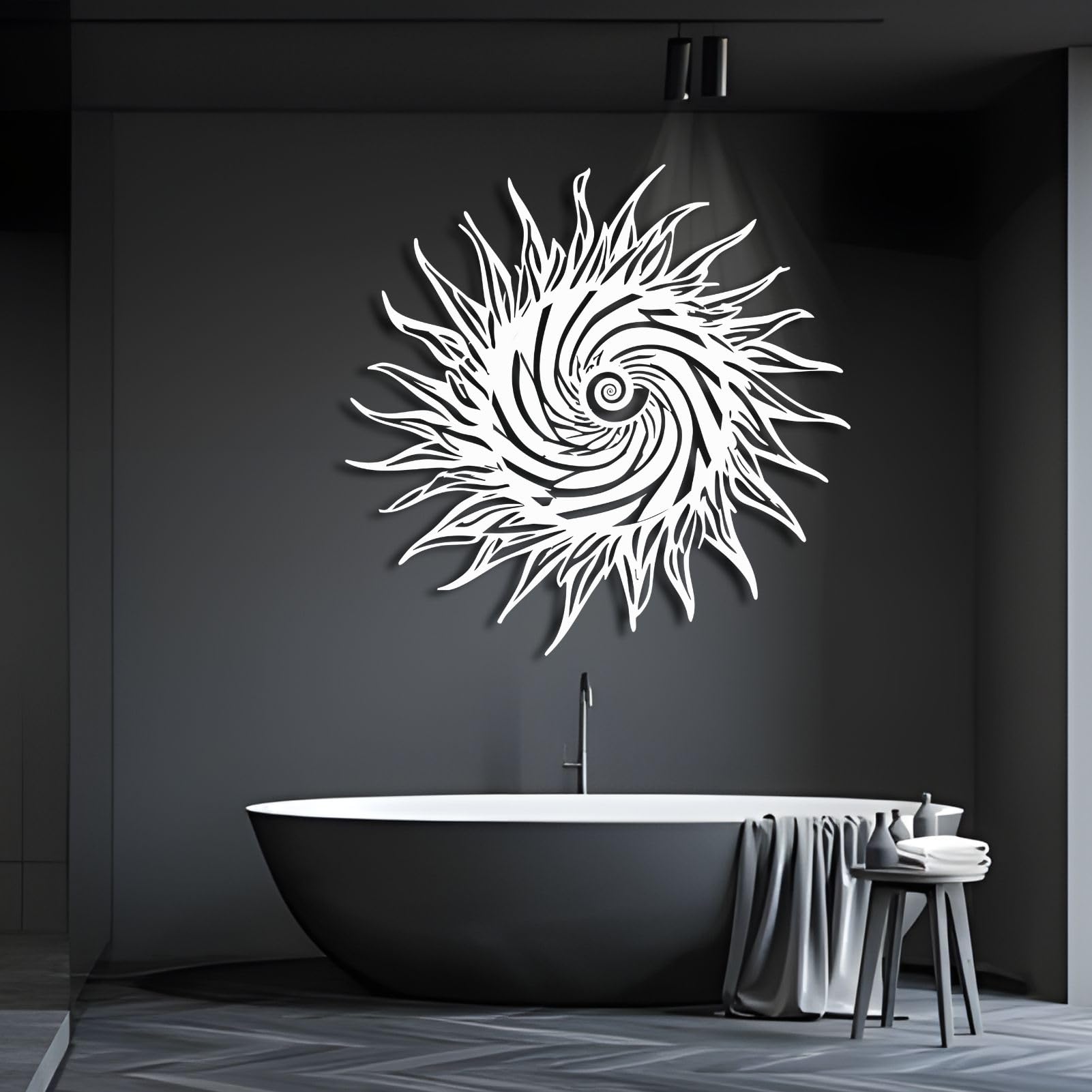 Metalowa dekoracja ścienna Wisząca rzeźba spiralny wzór słońca do salonu sypialnia łazienka lub biuro złoty kolor 60 x 60 cm (24 x 24 cale)