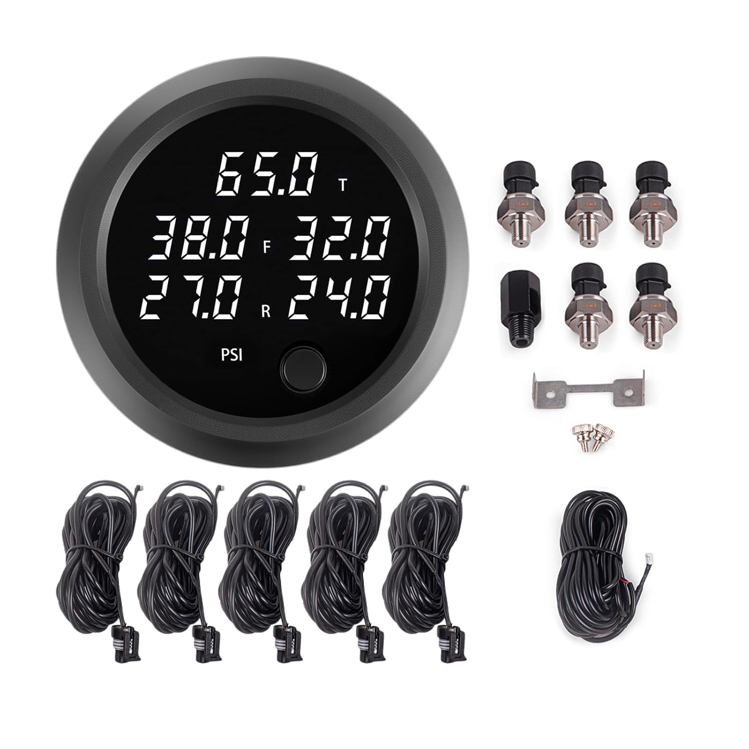 Air Bag Pressure Gauge Five Digital Display 0-232PSI (16BAR) for Air Ride Suspension System with 5PCS 1/8NPT Electrical Sensors with 1/8NPT to 1/4NPT Fitting 2-1/16" (52mm) White LED