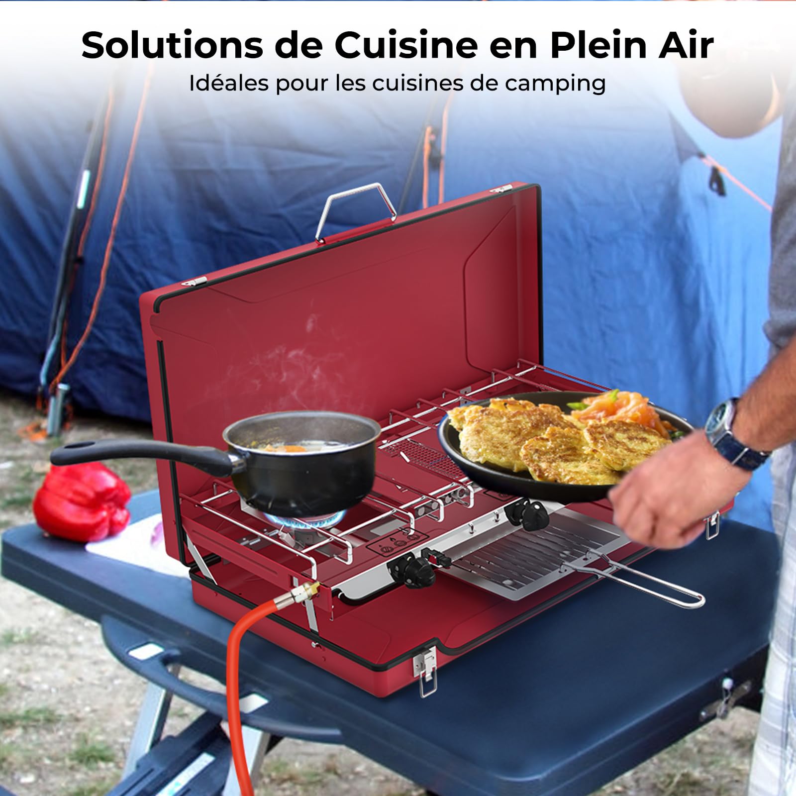 Camplux JK-5330-DE 3 Brûleurs Réchauds de Camping, Portable Cuisinière à Gaz, 4,5kW, Gaz Butane/Propane, 50mbar, Bleu