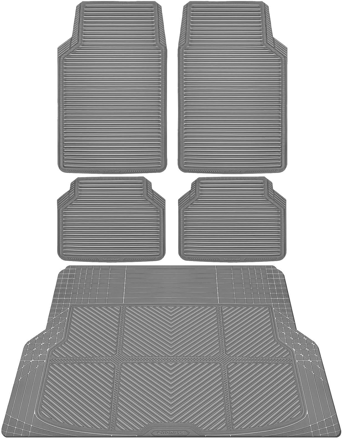CAR PASS Gray Rubber Car Floor Mats & Cargo Liners, All Weather Car Mats & Trunk Mats,Waterproof Automotive Floor Mats Trim to Fit for Most Cars Sedans SUVs Vans, Durable Heavy Duty Anti-Slip, Gray