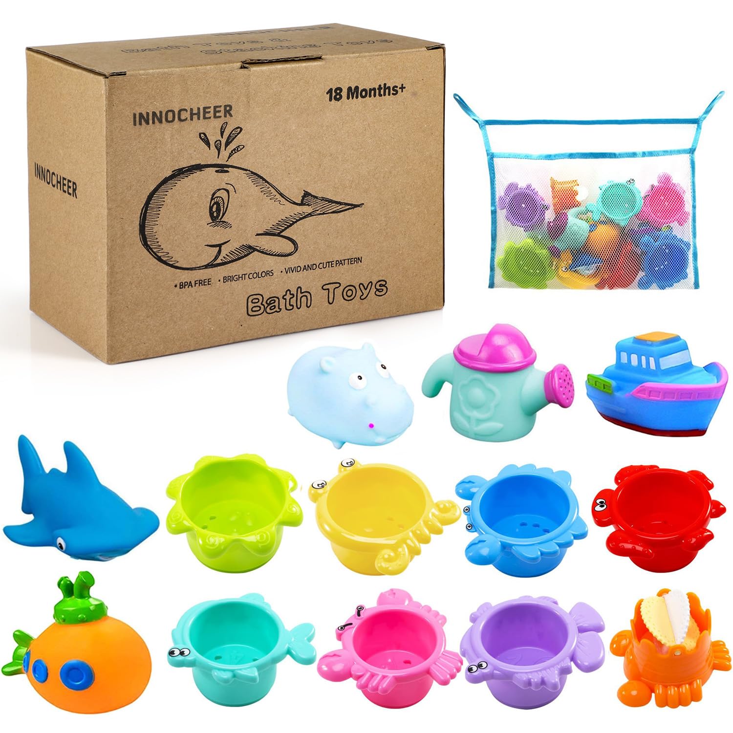 Juguetes de baño para bebés para niños pequeños, juguetes de mesa de agua con tazas apilables sin moho, red organizadora de secado rápido, juego de bañera de 13 piezas, fiesta de playa y 7