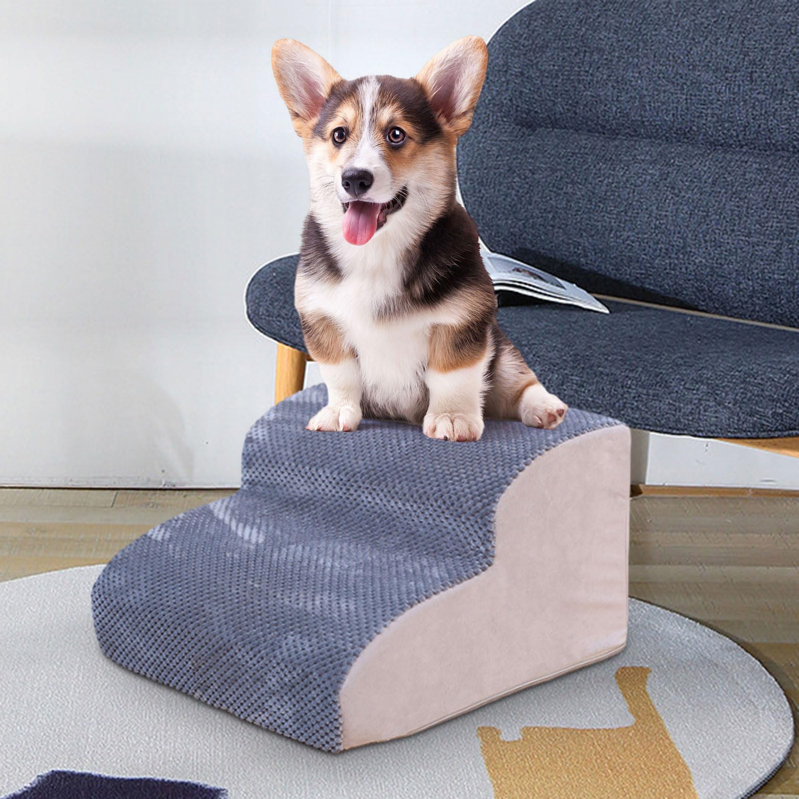 Escalier pour Chien à 2 Marches, Rampe Respirant et Lavable pour Animaux,25 x 29 x 37 cm, Veste Amovible et Lavable, Marche Pied en Éponge à Haute Densité pour Chien Chat, Gris