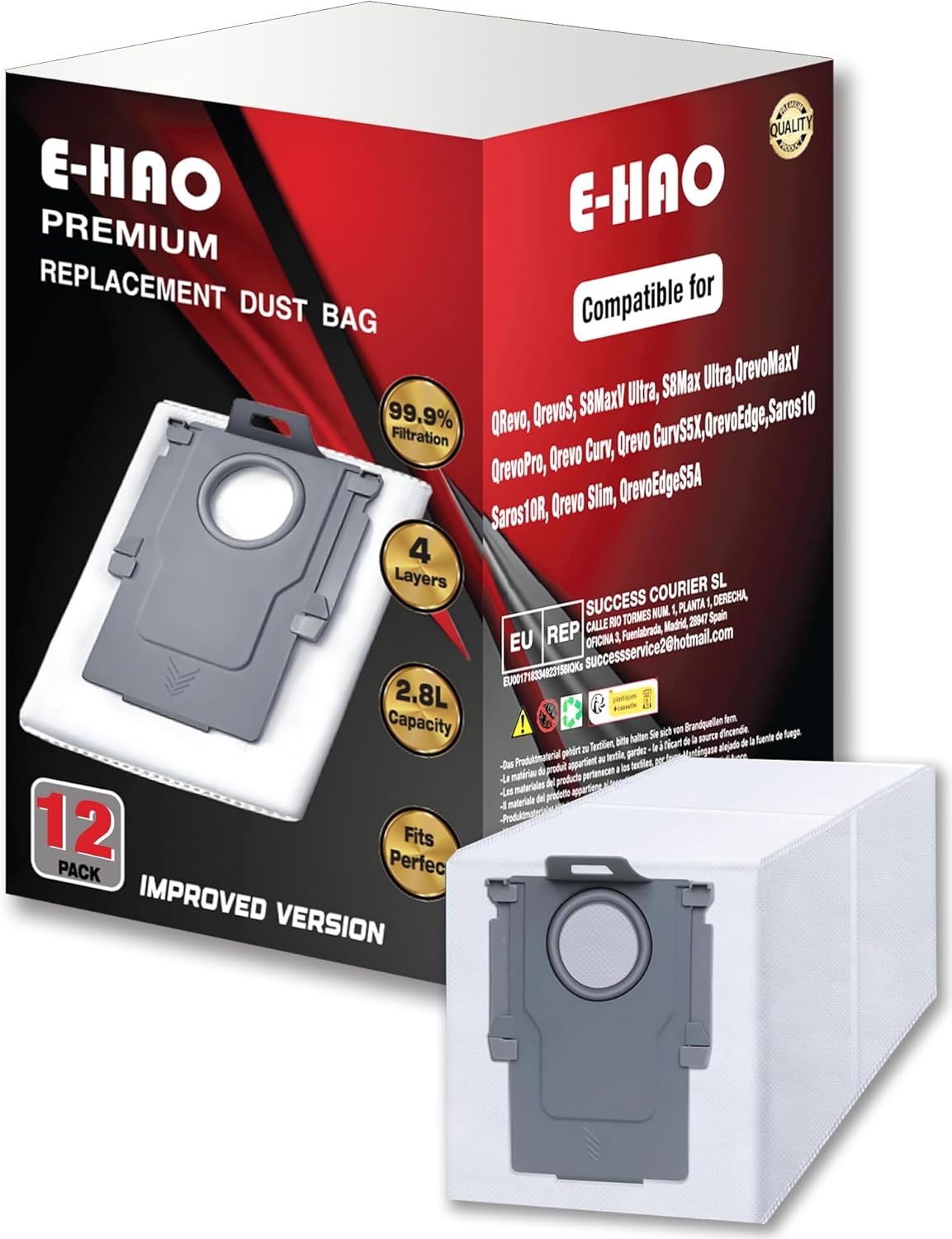 Paquete de 12 bolsas desechables de repuesto para aspiradoras Roborock Saros Z70/10/10R, S8 Max/MaxV Ultra, Q revo, Qrevo S5V/S/Plus/Pro/Master/Slim/MaxV/Curv/Edge y QV