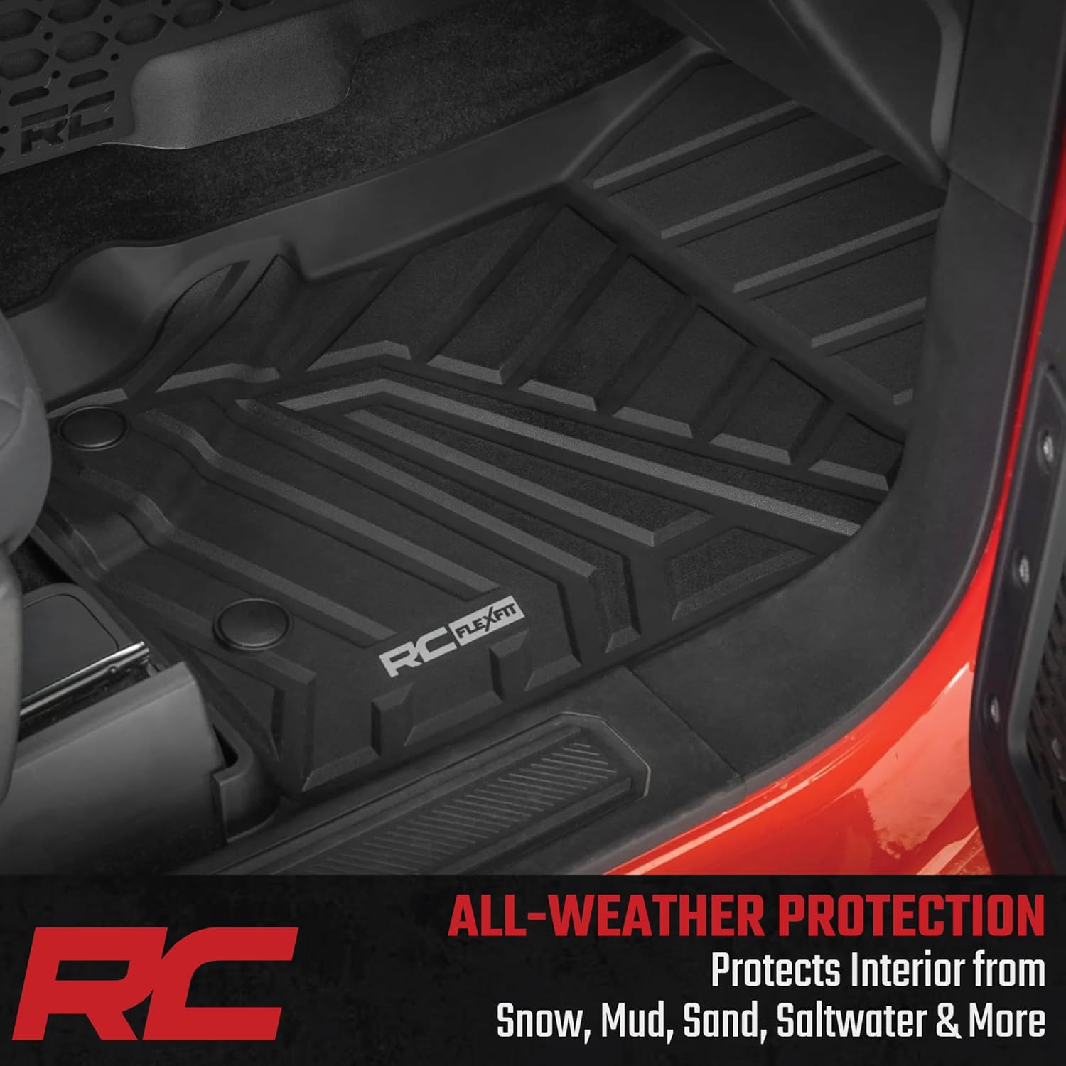 Rough Country Flex-Fit Floor Mats for Ford Bronco (2021-2025) 4-Door - Front & Rear Set, Custom All-Weather Non-Slip TPE Liners w/Spill Saver Lip