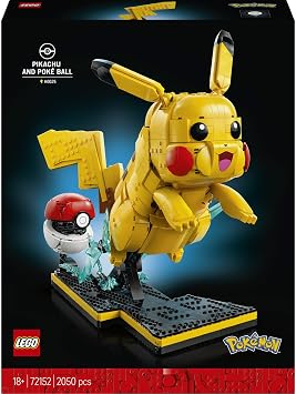LEGO Pokémon Pikachu ve Poké Topu 72152 - Yetişkin Kadınlar ve Erkekler için Yıldırım Standı İçeren Duruşu Ayarlanabilir Dekoratif Koleksiyonluk Model Yapım Seti, Hediye Fikri (2050 Parça)