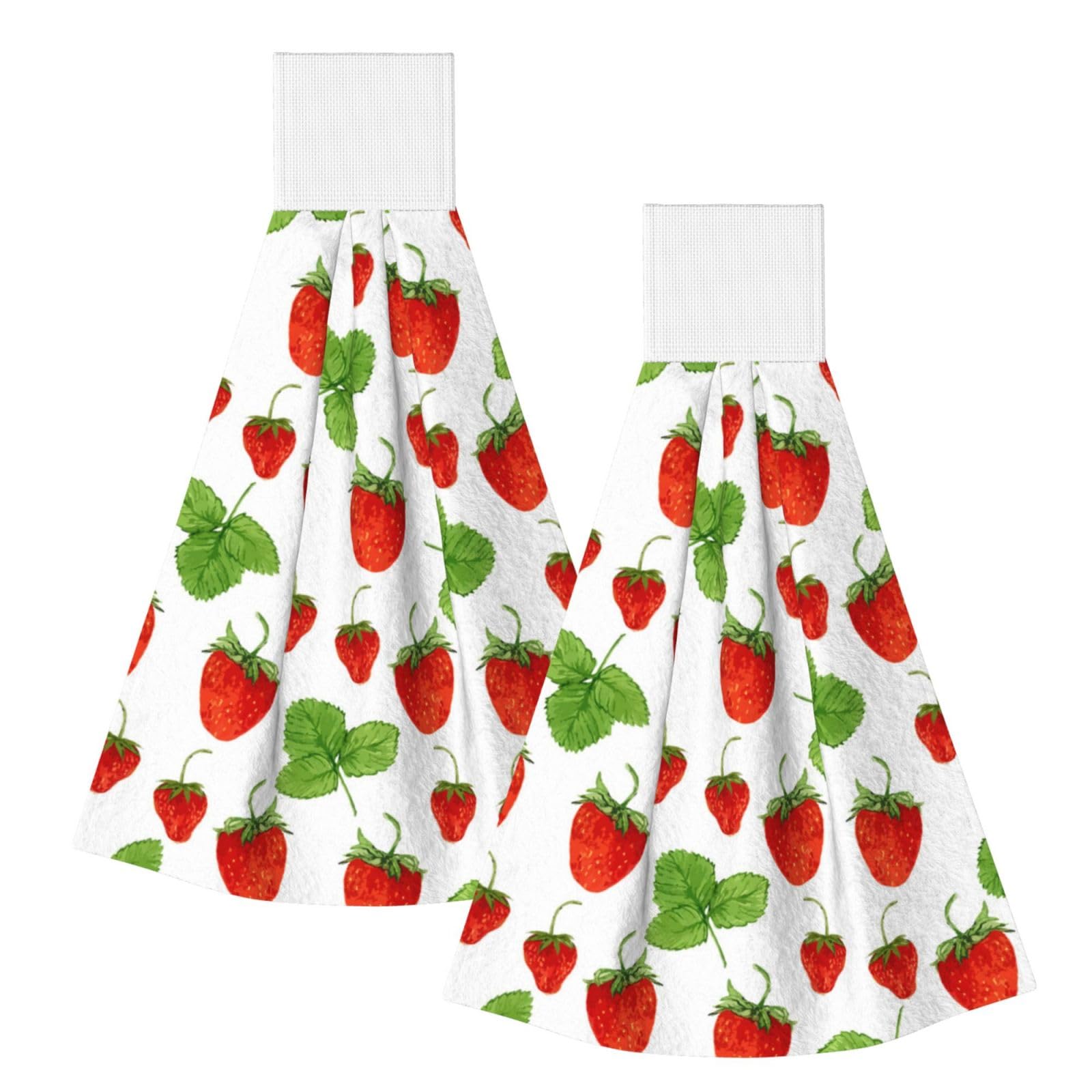 DOPKLNA Strawberry Plants Fruit White Print, 2 Pcs Hanging Coral Fiber Hand Towels for Bathroom, Absorbent Kitchen Towels