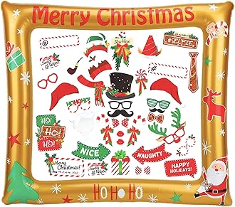 POPOYU Christmas Inflatable Photo Booth with 38Pcs Props Selfie Picture Frame for Family Party,Christmas Party Game Accessories Supply,Giant Celebration Blow Up Prop, Xmas Gold, 10x20cm, color