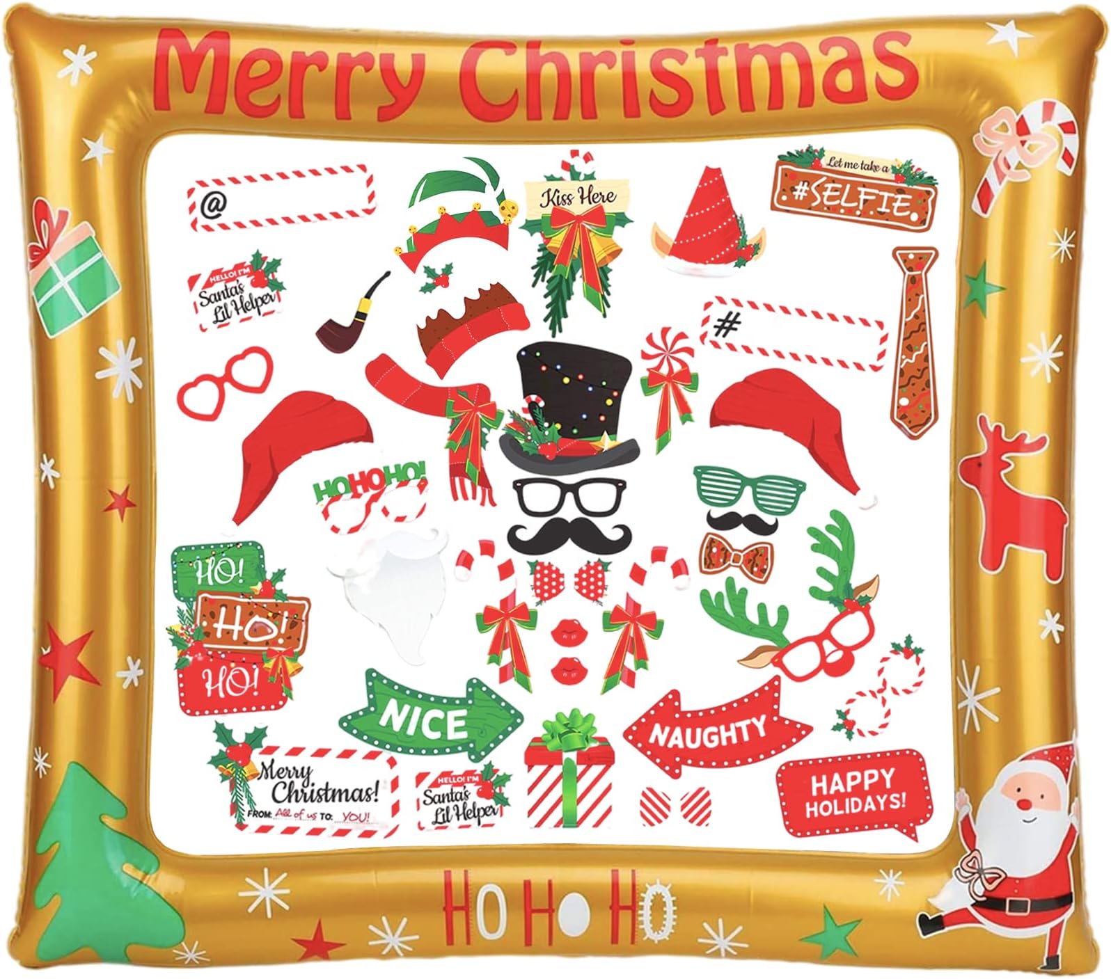POPOYU Christmas Inflatable Photo Booth with 38Pcs Props Selfie Picture Frame for Family Party,Christmas Party Game Accessories Supply,Giant Celebration Blow Up Prop, Xmas Gold, 10x20cm, color