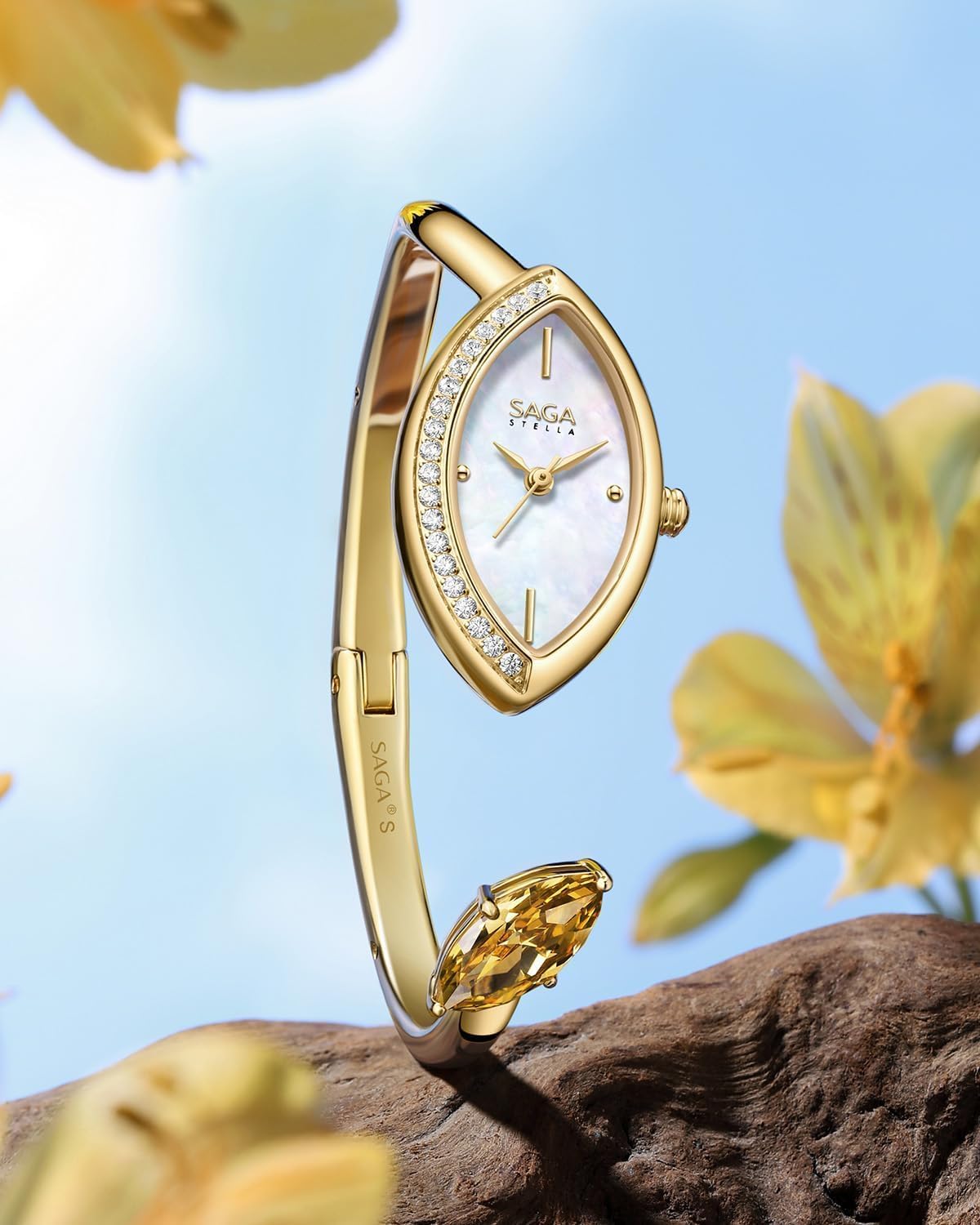 SAGA Four Seasons Women's Luxury Cuff Bangle Watch, Shaped Mineral Case, 316L Stainless Steel Bracelet with Danube Crystals, Swiss Ronda Quartz Movement, 30M Water Resistant - Image 3