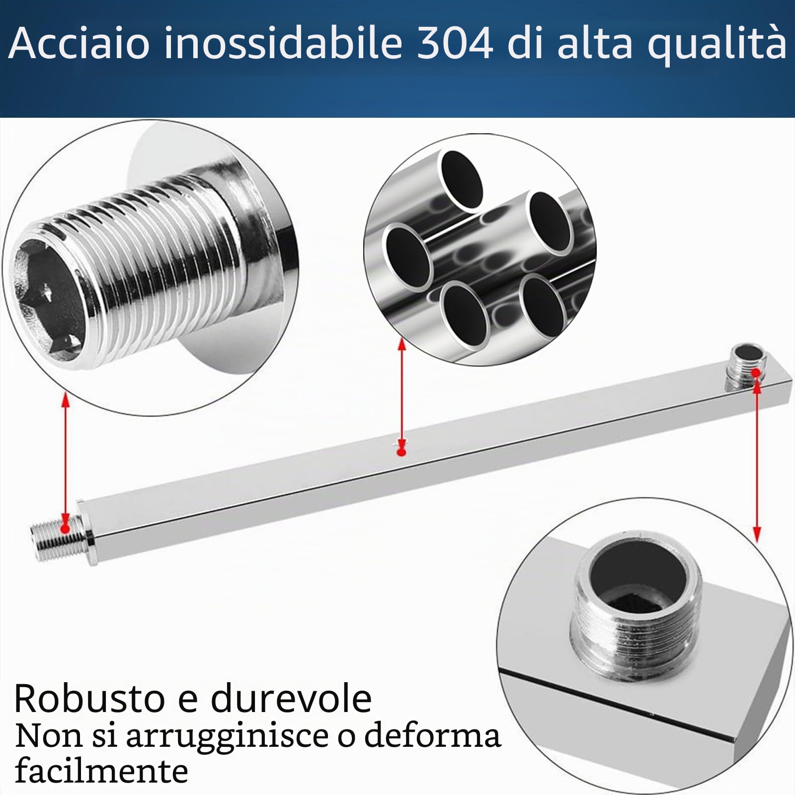 Braccio doccia da 50 cm con flangia e nastro in teflon, braccio di estensione per soffione doccia a pioggia fisso e soffione doccia a pioggia, in acciaio inossidabile massiccio, montaggio a parete