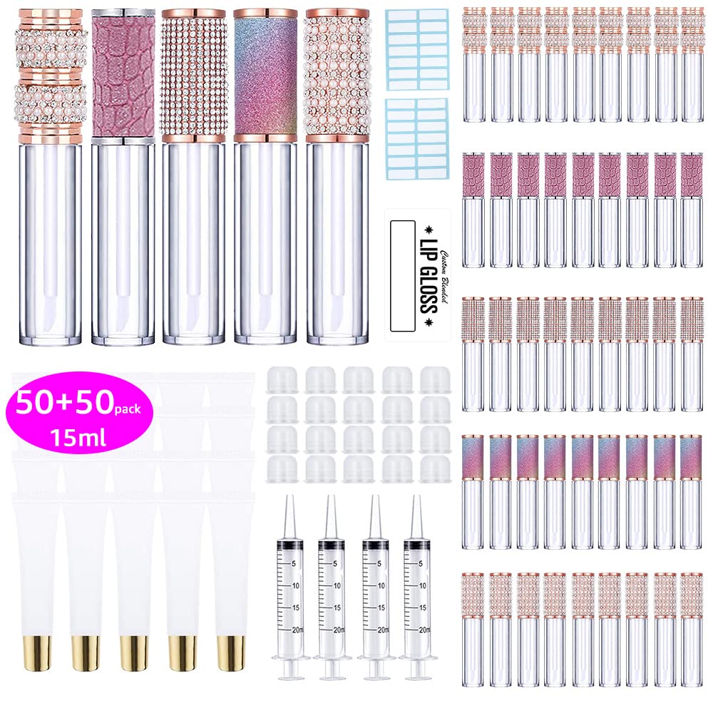 AMORIX 15ml Gold Cap Lip Gloss Tubes 50 pcs Lip Gloss Tubes with Wand