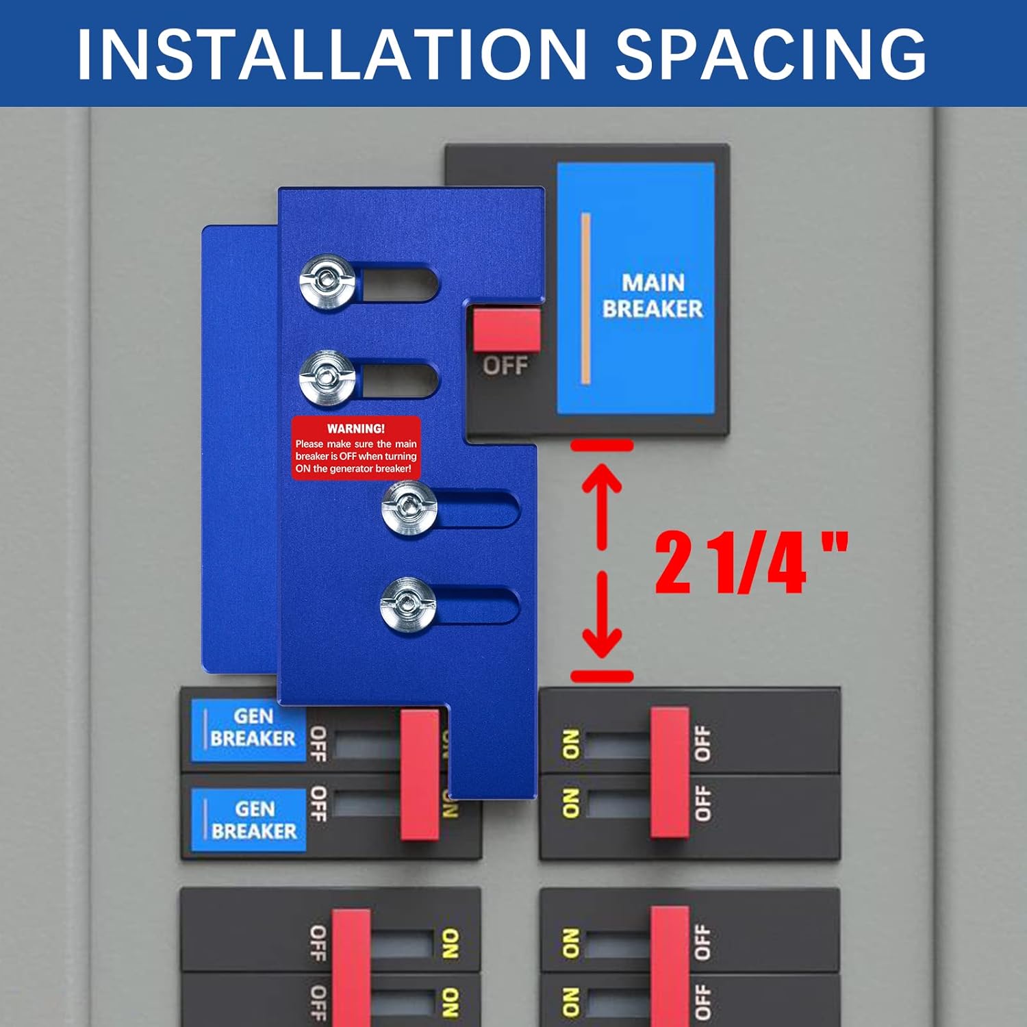 Generator Interlock for Eaton/Cutler Hammer Vertical Throw 150 or 200 A mp Panels with 2 1/4 Inches Spacing, Blue