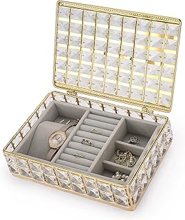 SUMTree Boîte à bijoux en métal coffret à bijoux organisateur de bibelots avec plateau en velours pour boucles d'oreilles anneaux,colliers (rectangle,doré)