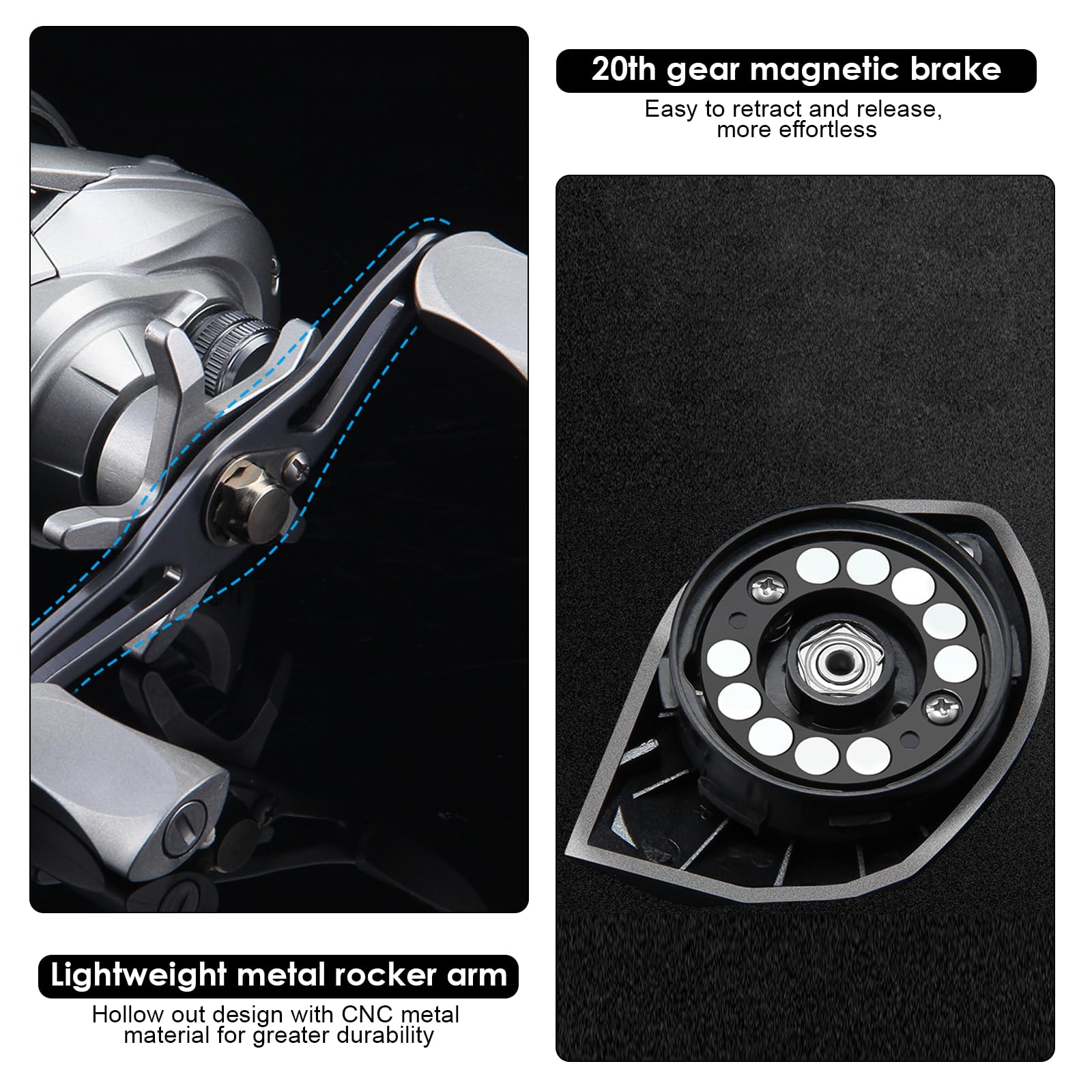 Moulinet Casting Baitcaster Léger Main Gauche 7.2:1, Moulinet de Pêche avec Frein Magnétique 20 Niveaux, Frein de 10 kg, Bobine en Aluminium, pour Pêche en Mer, Surfcasting et Eau Douce