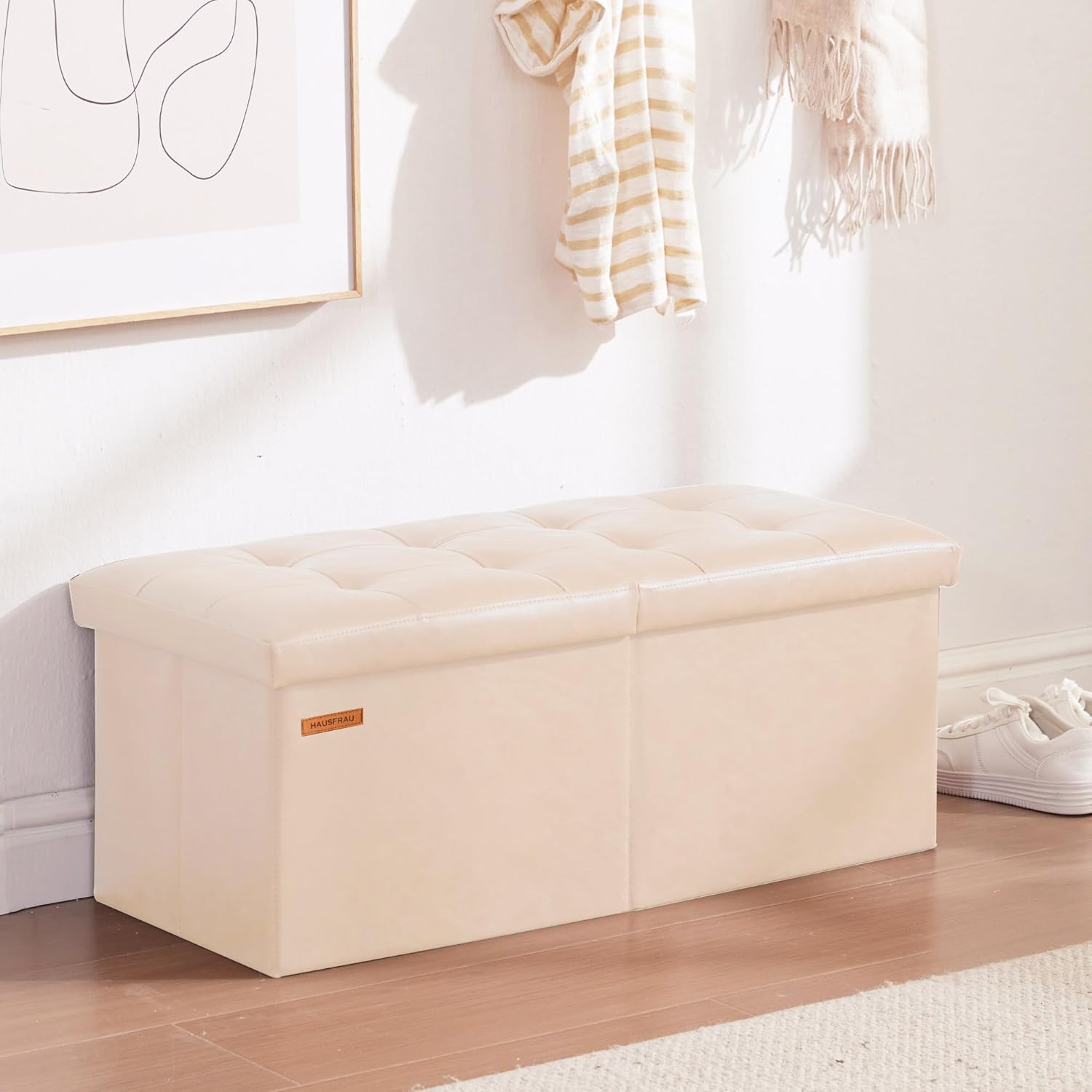 HAUSFRAU 31.5 Inches Ottoman with Storage Bench, Folding Ottoman Bench Small Foot Rest Stool, Bedroom Bench with Flipping Lid, Faux Leather Ivory