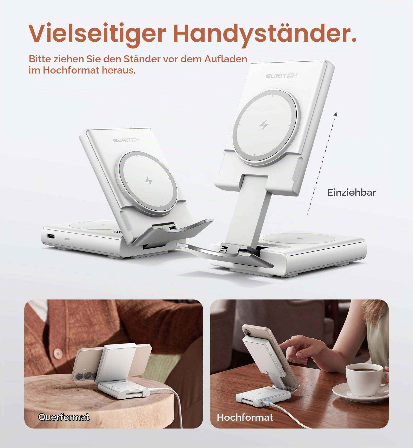 SURITCH 3 in 1 Tragbares Ladestation kompatibel mit Samsung, 15W Klappbarer Induktive Ladegerät für Galaxy S25 S24 S23 S22 S21 Z, Galaxy Watch 7/6/5/4/3, Galaxy Buds, weiß(Euro stecker)