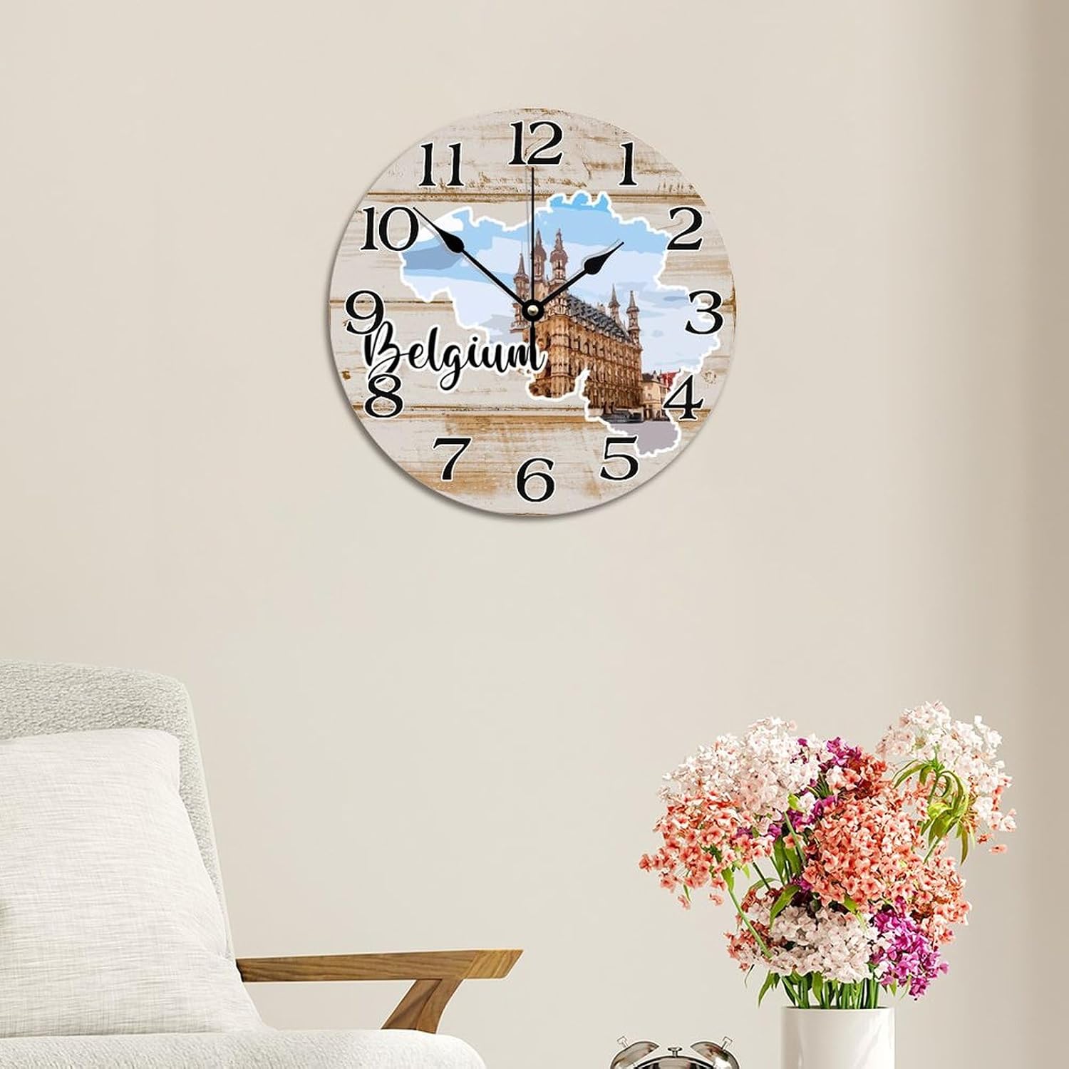 Belgium Map Travel Wall Clock Belgium Cityscape Tourist Attractions Wall Clocks Battery Operated 12 Inch Quiet Non-Ticking Farmhouse Hanging Clock Wall Decor Gift for Foreign Friend