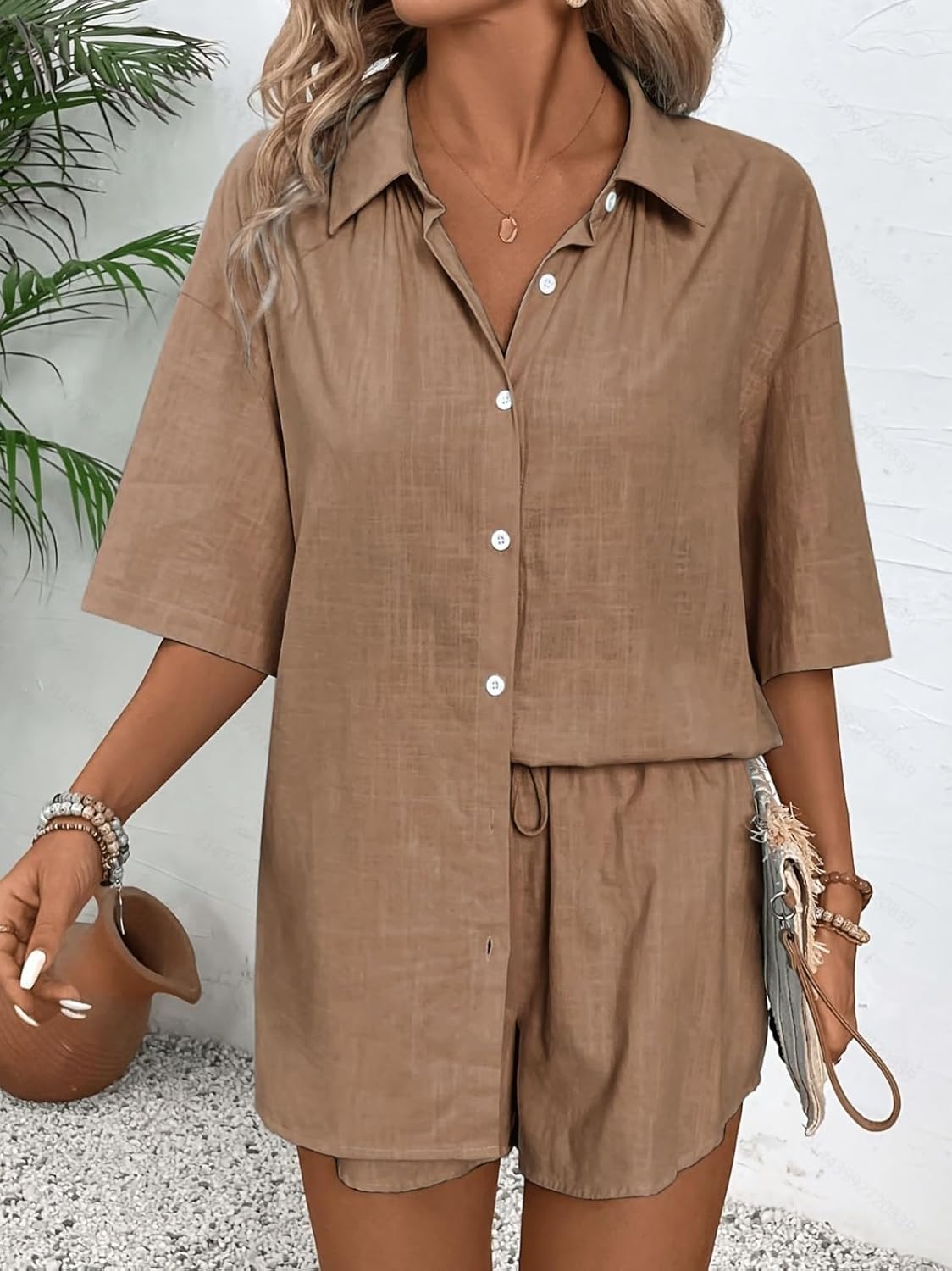 Women's Summer Short Sleeve Button Up Shirt and Shorts Set Loose Fit