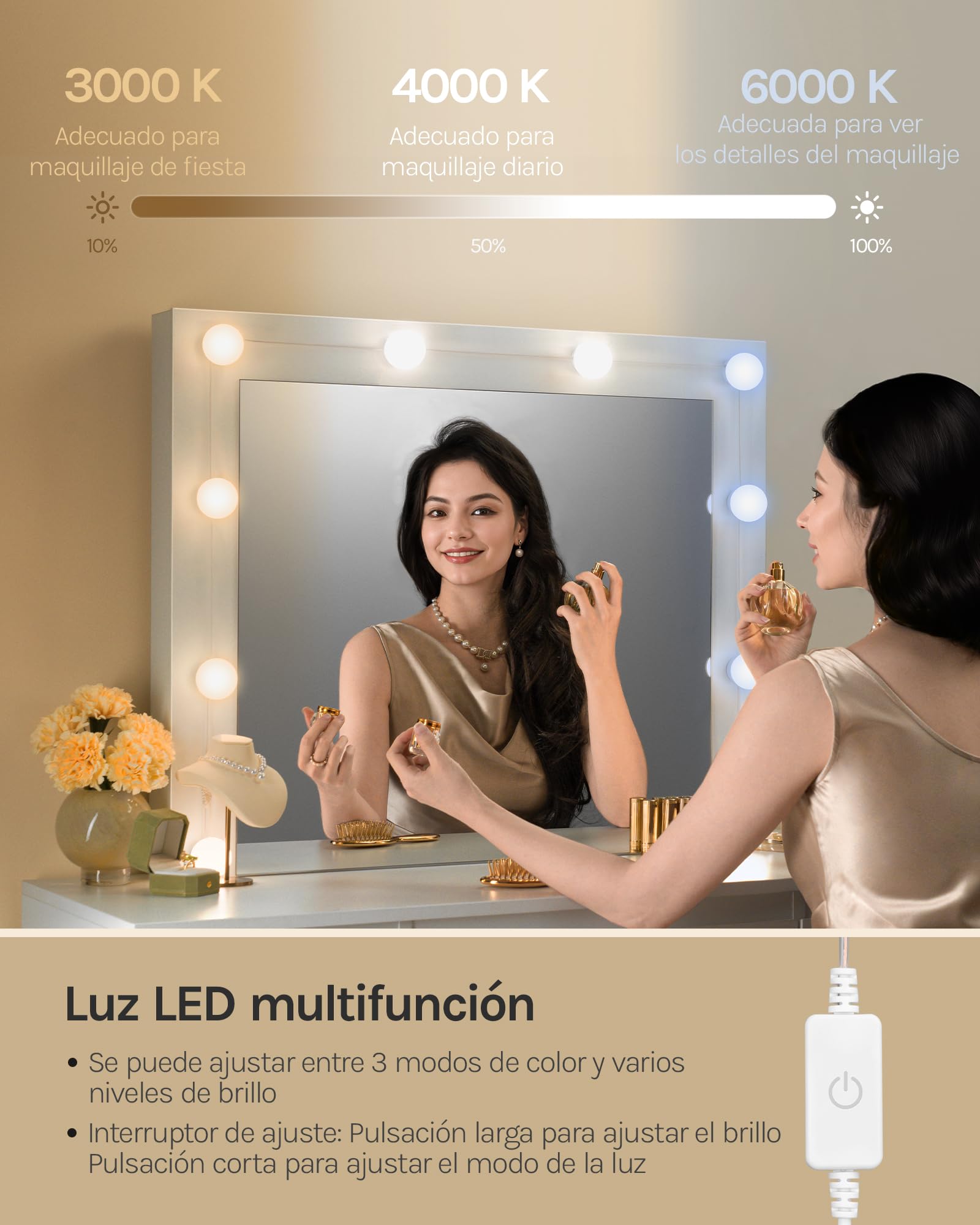 WOLTU Vanity de Maquillaje, Tocador de Maquillaje con Taburete, Tocador con Espejo y Luz LED, Luz Ajustable, con 7 Cajones, para Dormitorio, Sala de Belleza y Vestidor, 107x39,5x140,5 cm, Blanco