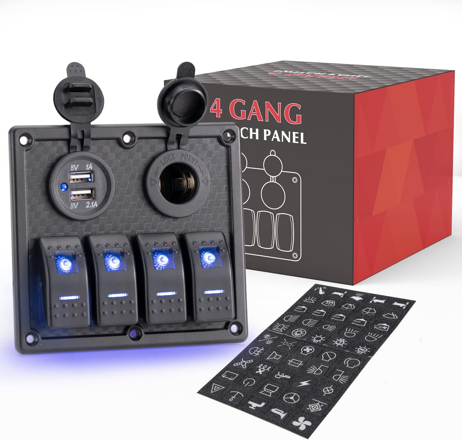 BUNKER INDUST 4 Gang Switch Panel with Dual USB Charger&Cigarette Lighter Socket