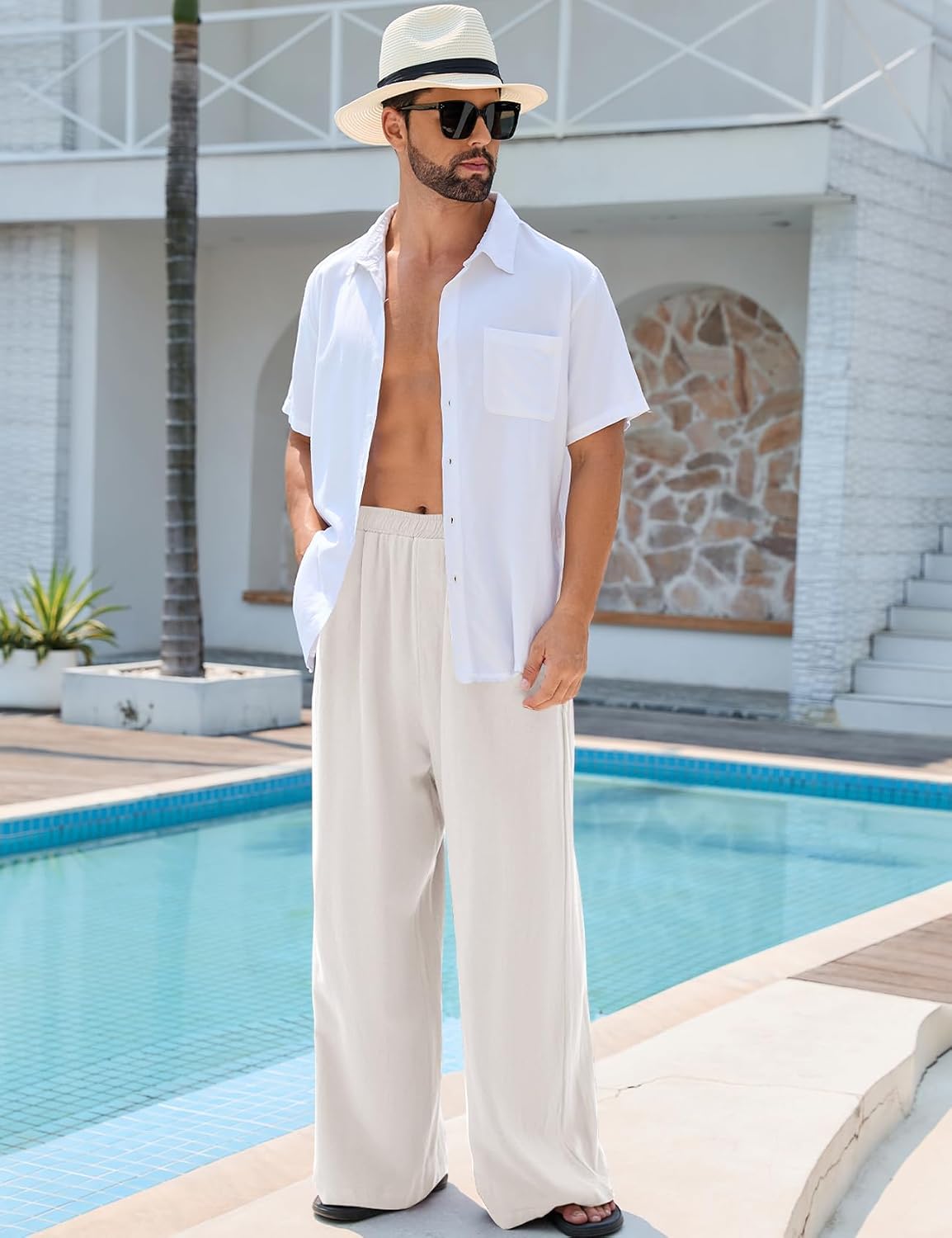 Kissonic Mens Casual Linen Pants Elastic Waist Drawstring Baggy Pants Cotton Wide Leg Yoga Beach Trousers