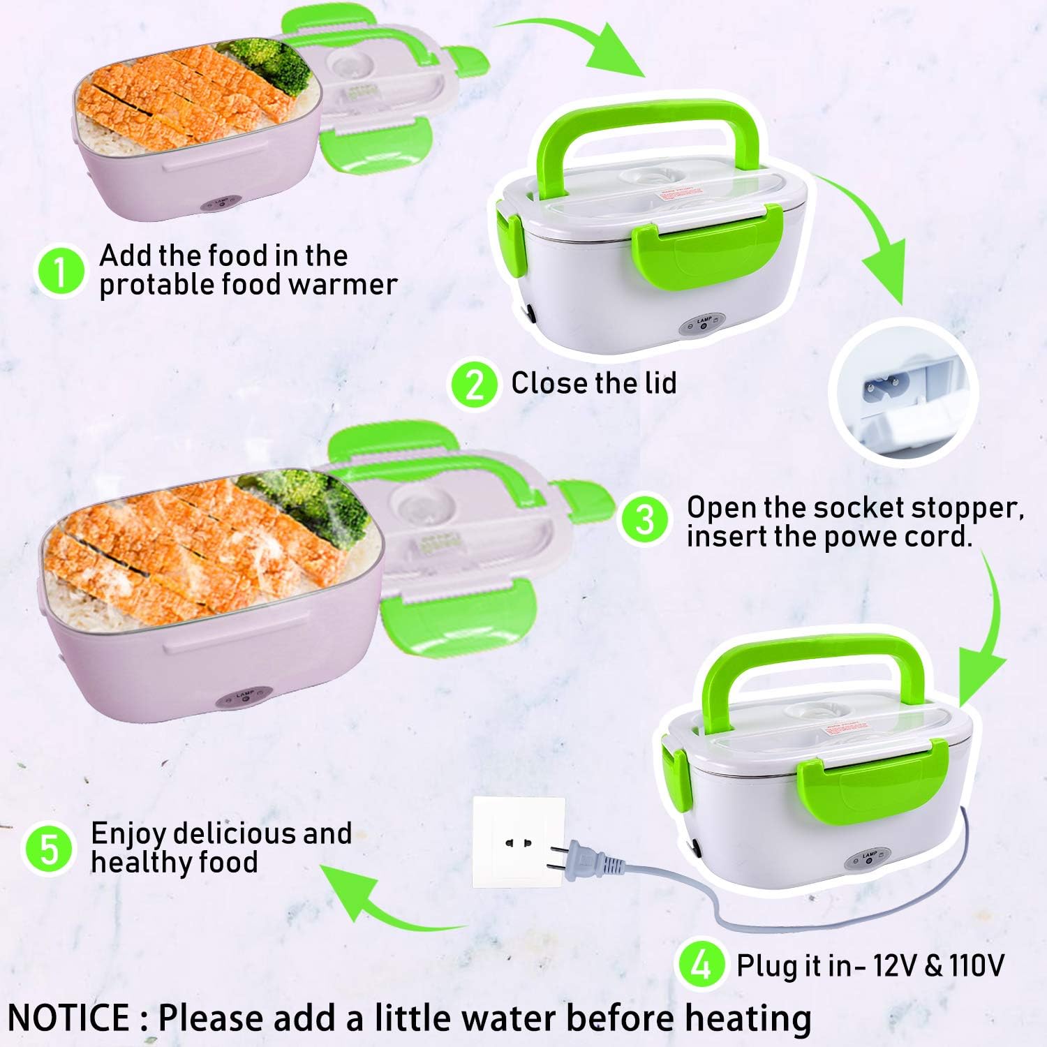Mozing Electric Lunch Box Protable Food Warmer Heated Lunch Box For Car Truck Home Work Dual Use Removable Stainless Steel Container Multifunction Food Heater Portable Microwave 110V & 12V 40W,Green