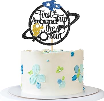 First Trip Around The Sun Cake Topper - Gender Reveal Party Cake Supplies - Baby Shower - Boy First Birthday Party Decoration - Black Glitter