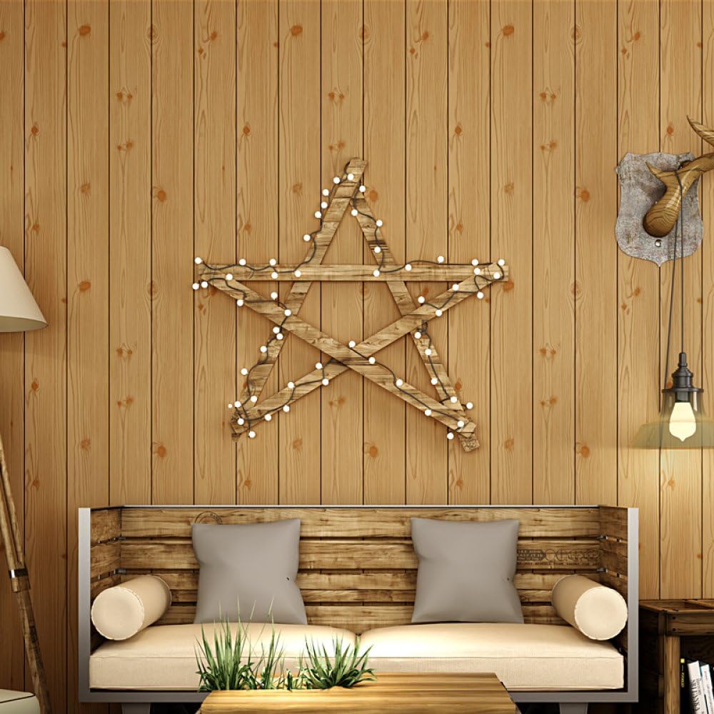 MKKM Non-Woven Wallpaper Vertical Stripes Wallpaper Mediterranean Living Room Bedroom Wood Color Antique Wood Tv Background Wall