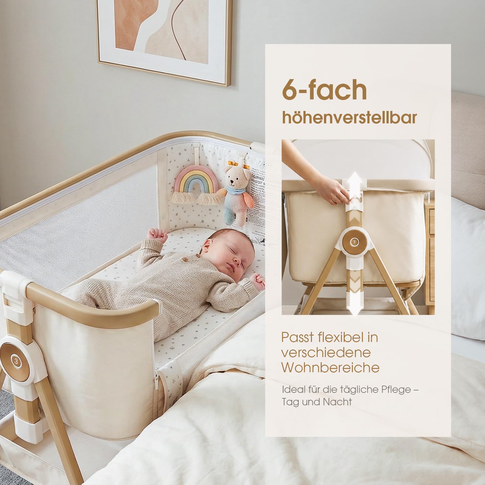 Maydolly Łóżko dostawne 3 w 1 dla niemowląt – wszechstronne łóżko pomocnicze, łóżko turystyczne i wózek wiklinowy wraz z materacem i moskitierą – regulacja wysokości za pomocą kółek, składane i z