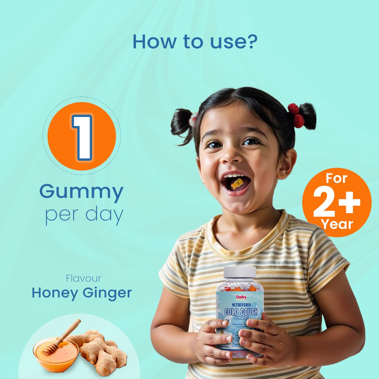 Babyorgano Nutriverse Cough & Cold Relief Gummies For Kids (2-15 Yrs) |30 Gummies |Relieve Dry Cough, Throat Irritation|Non-Drowsy, Ayurveda Inspired Formula, No Gelatin, Gluten, Dairy|Mango Flavor - Image 6 thumbnail