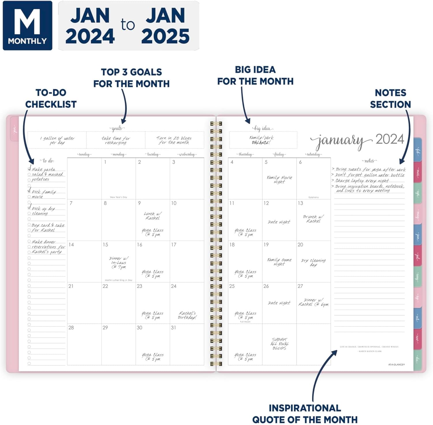 2024-2025 AT-A-GLANCE® Harmony 13-Month Weekly/Monthly Planner, 8-1/2" x 11", Pink, January 2024 To January 2025, 1099-905-27