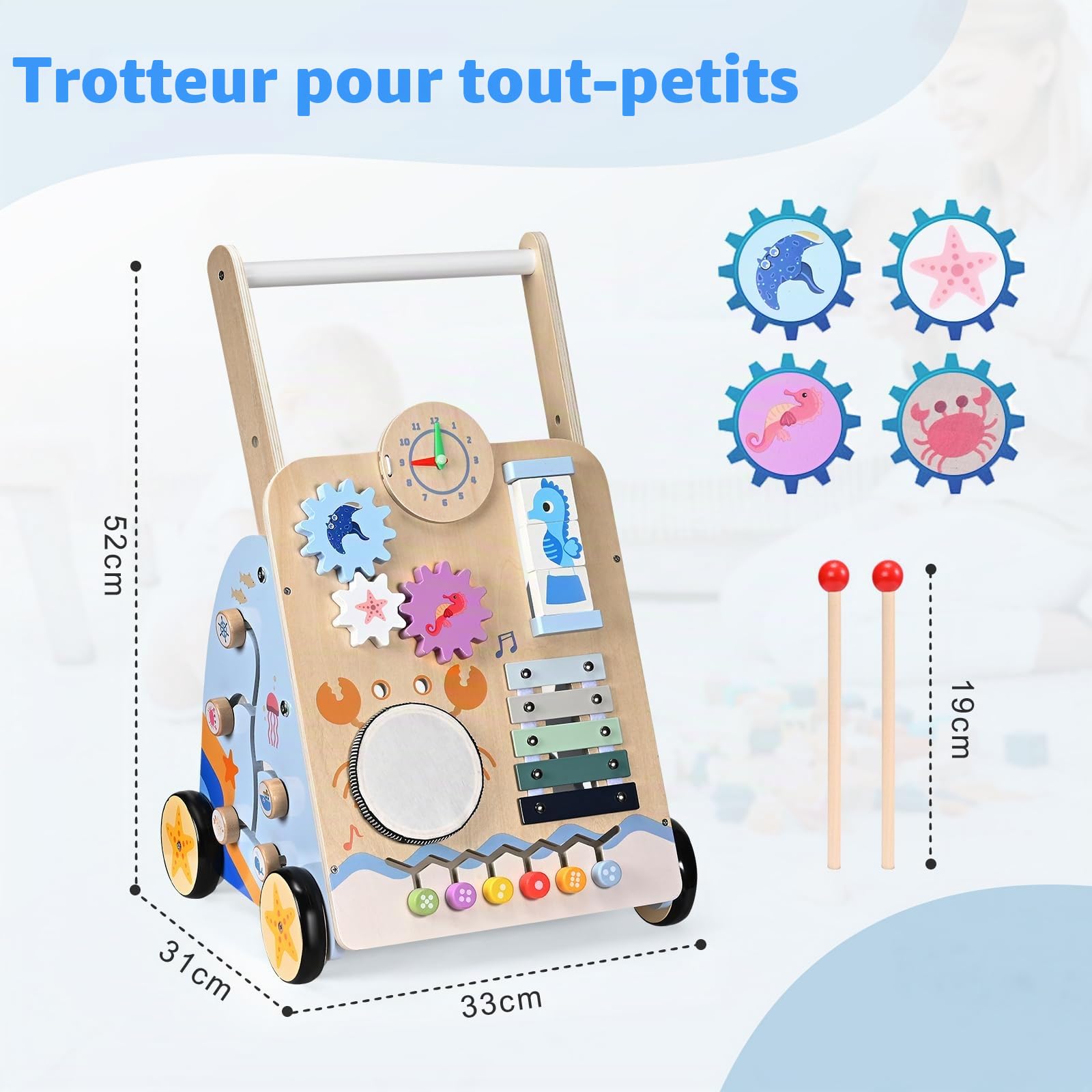 chariot de marche bebe, multifonctionnel Trotteur bébé en bois 8 en 1 pour enfants de 3 à 9 mois, avec roues et blocs de construction pour l'éducation précoce, cadeau adapté
