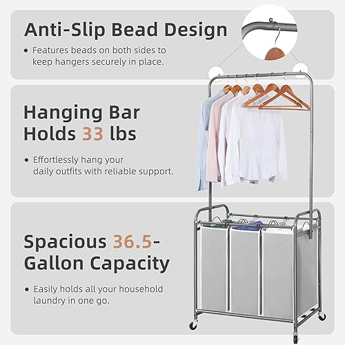Miniatura 4 de STORAGE MANIAC Clasificador de ropa sucia con barra para colgar, carrito de lavandería con ruedas enrollables resistentes y bolsas extraíbles,