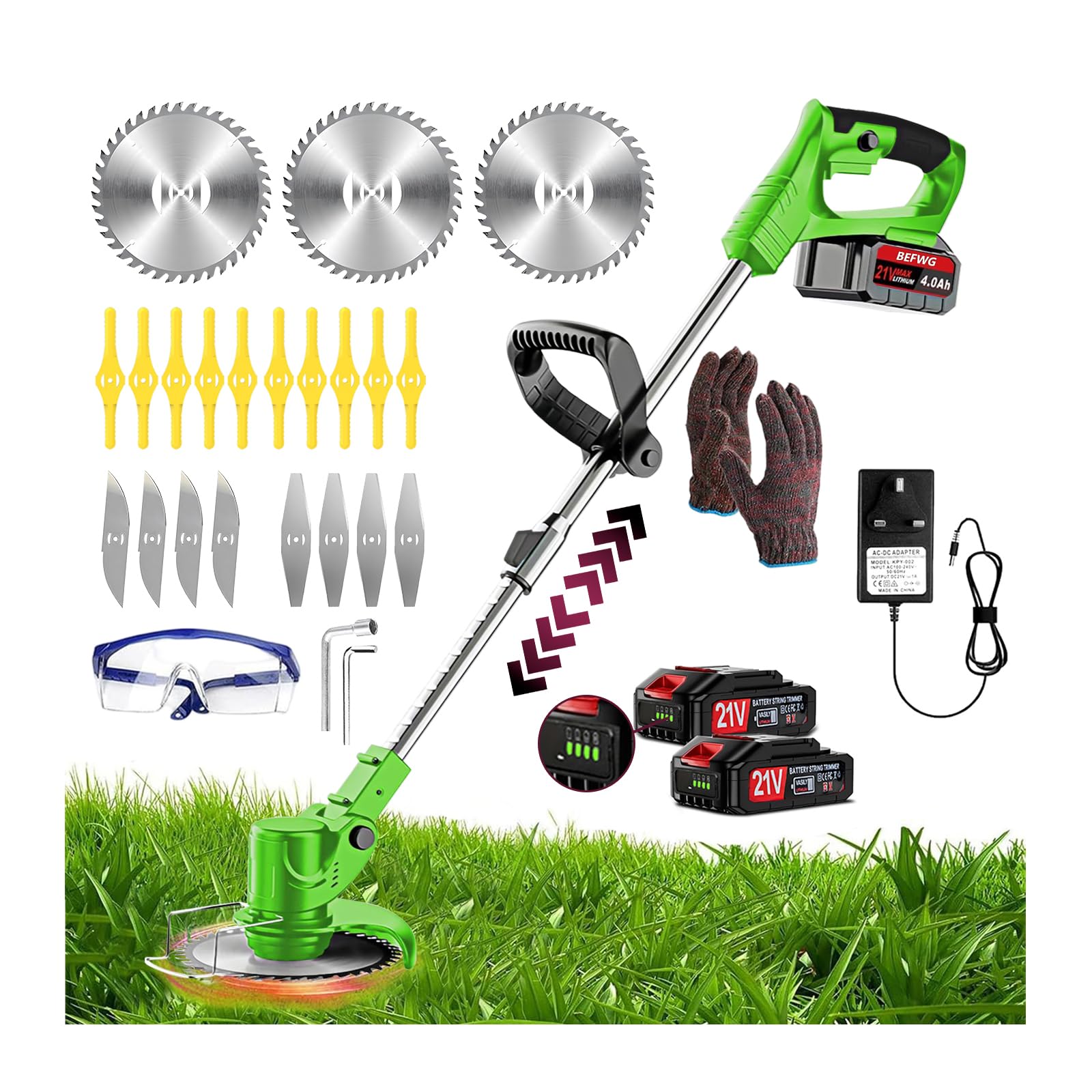 Strimmer Cordless Strimmer Telescopic Lightweight Grass Trimmer Garden Strimmer Electric Cordless with 2×21V Lithium Battery Fast Charger and Four Kinds Spare Blades for Garden Clearing Weeds — image 1