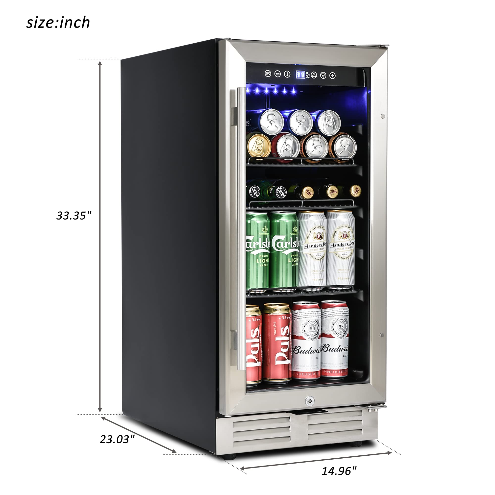 TOUPUWAN Beverage Cooler Refrigerator, 15-Inch Mini Fridge Can be Built-in and Freestanding, 120 Cans Capacity with Smart Temperature Memory. For Soda, Beer, For Kitchen Etc. with Blue Interior Light